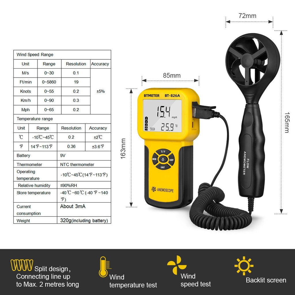 BTMETER BT - 826A 0.3~30m/s Wind Speed Sensor Digital Anemometer - btmeter - store