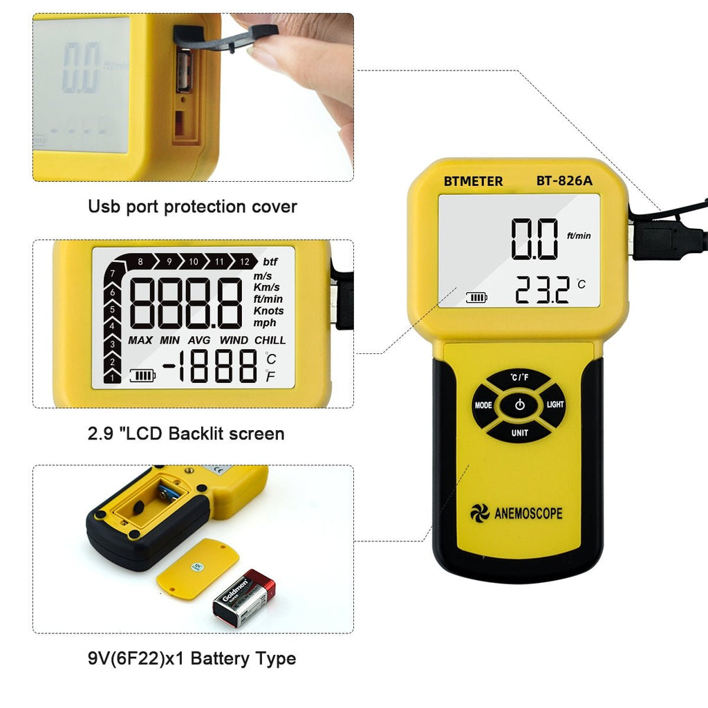 BTMETER BT - 826A 0.3~30m/s Wind Speed Sensor Digital Anemometer - btmeter - store