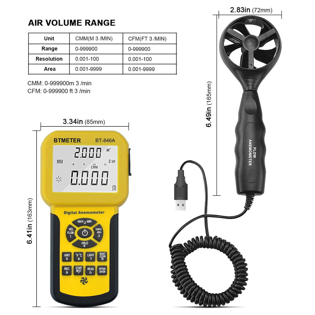 BTMETER BT - 846A Digital Anemometer 0.3~45m/s Wind Speed Sensor - btmeter - store