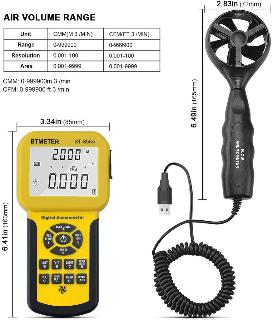 BTMETER BT - 856A Pro HVAC Anemometer Handheld CFM Meter Wind Speed Meter with Backlight Max/Avg/Min Functions for Measuring Wind Speed Air Velocity - btmeter - store