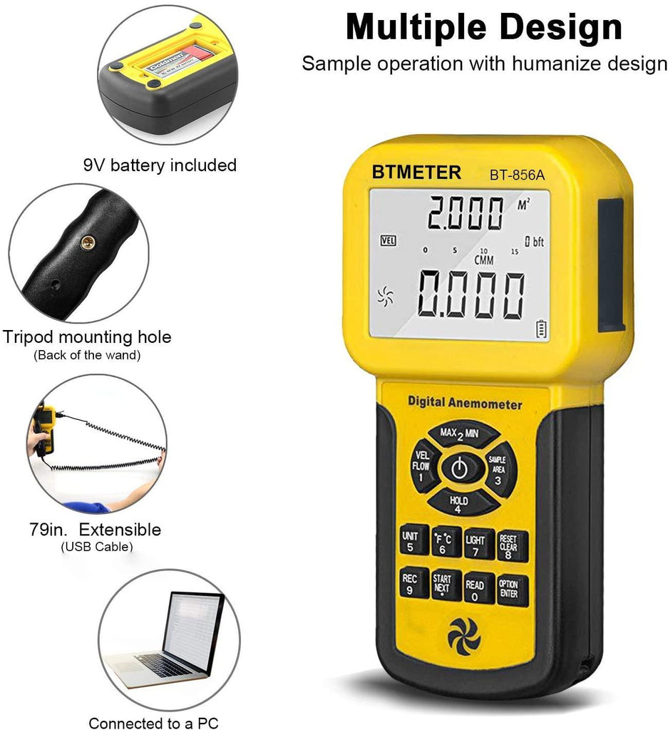 BTMETER BT - 856A Pro HVAC Anemometer Handheld CFM Meter Wind Speed Meter with Backlight Max/Avg/Min Functions for Measuring Wind Speed Air Velocity - btmeter - store