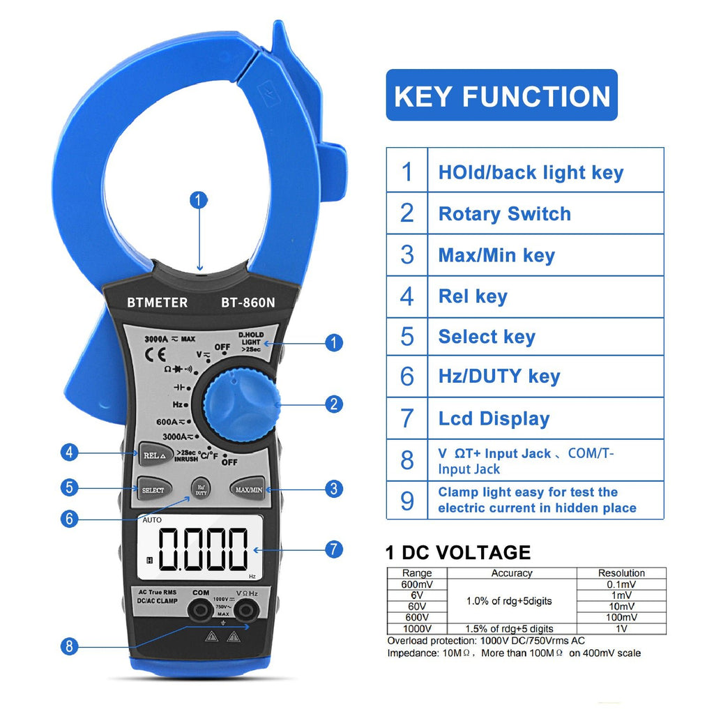 BTMETER BT - 860N Digital Clamp Meter 3000A Amp Meter Multimeter - btmeter - store