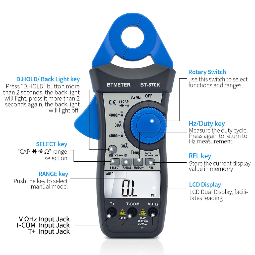 BTMETER BT - 870K Clamp Multimeter, DC AC Digital Voltage Current Meter, Auto Electric DMM Tester Avometer - btmeter - store