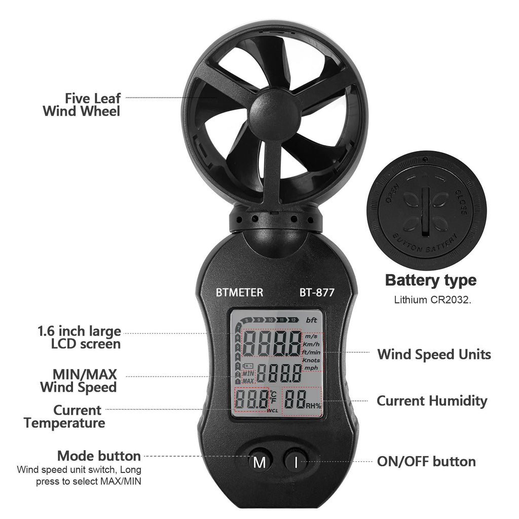 BTMETER BT - 877 Handheld Anemometer Digital Wind Speed Meter for HVAC Outdoor Sailing Shooting Golf - btmeter - store