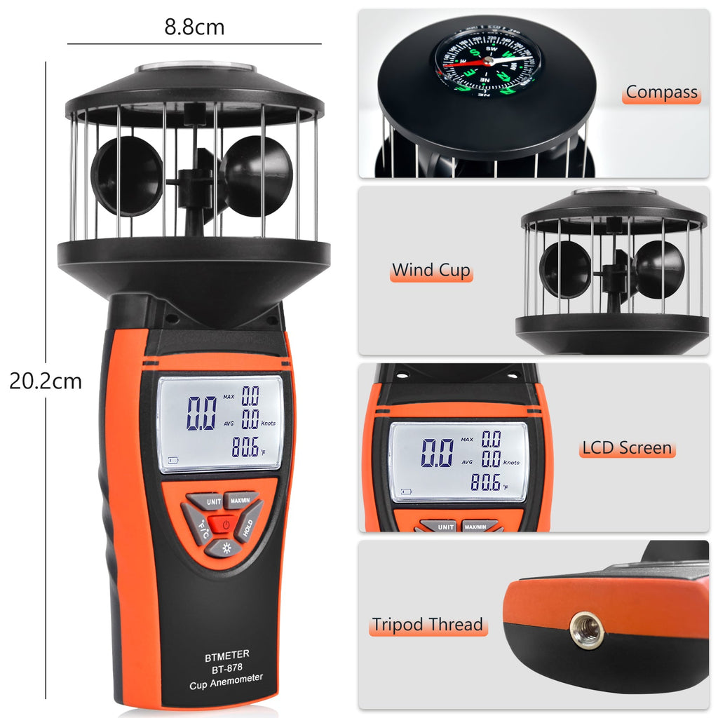 BTMETER BT - 878 Non - Directional Cup Anemometer - Measures Wind Speed Meter with Backlit TemperatureDisplay, for Outdoor Air Velocity Testing - btmeter - store