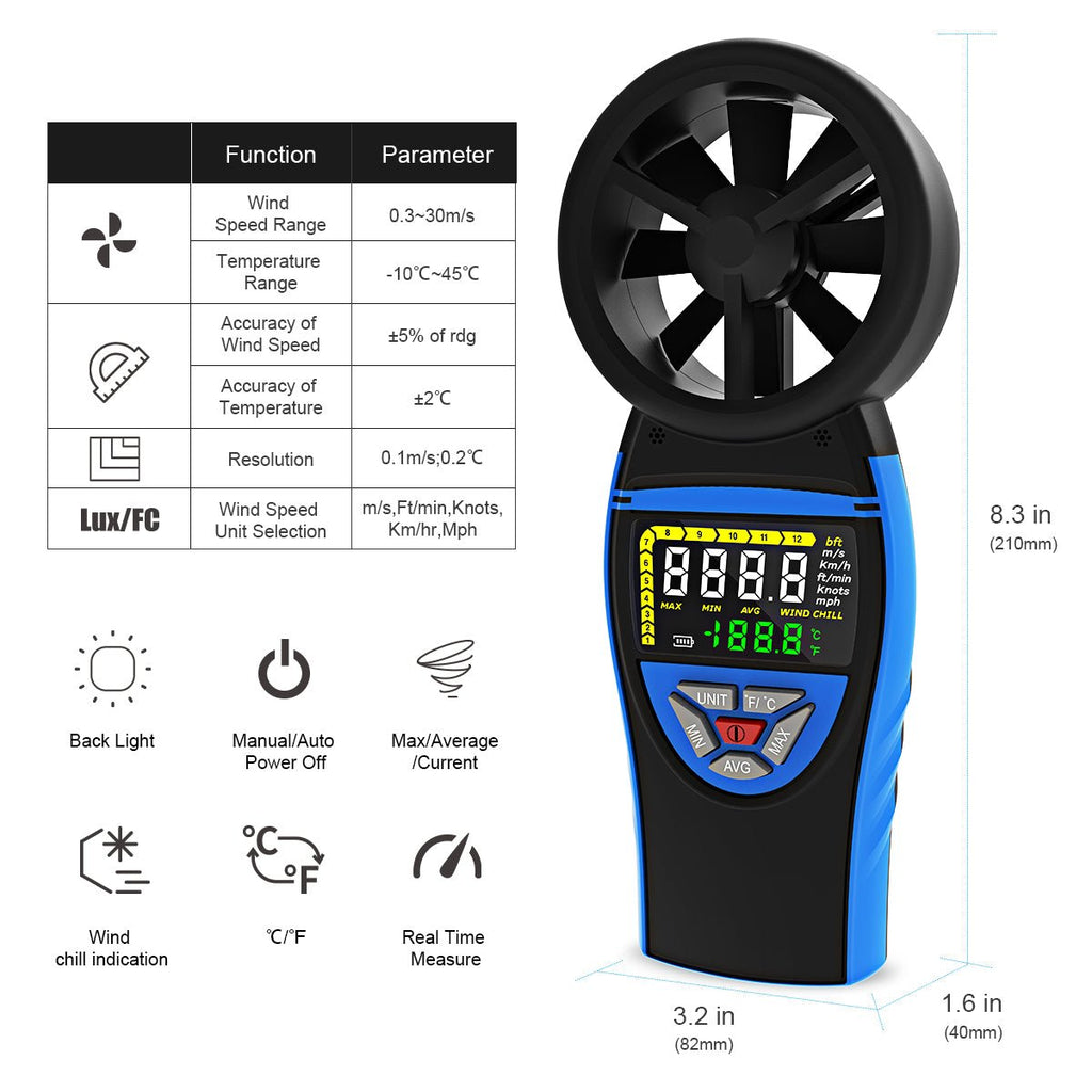 BTMETER BT - 8805 NEW Digital Vane Anemometer with Color Screen Wind Speed Range 0.3~30m/s - btmeter - store