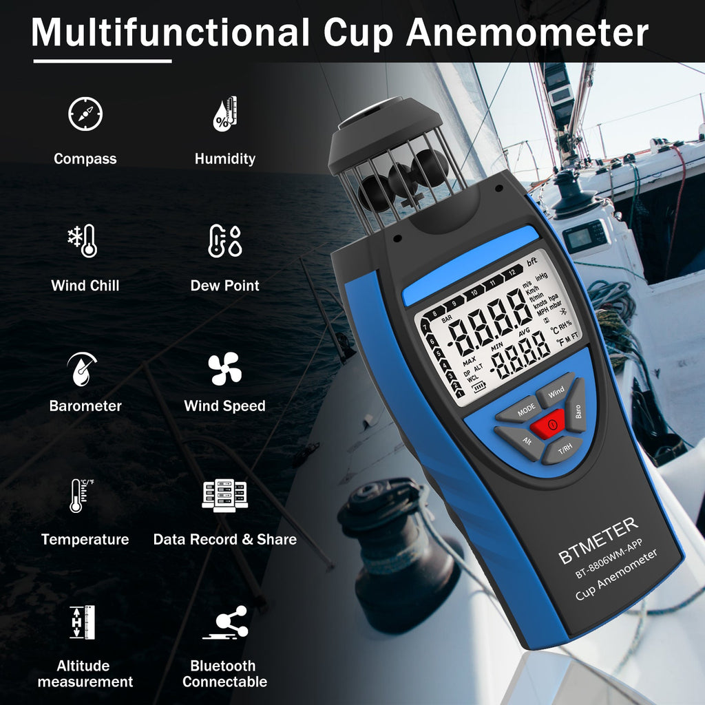 BTMETER BT - 8806WM - APP Cup Anemometer Handheld Air Flow Meter, Wind Speed Data Logger w/Barometer Measure Wind Velocity/Temperature/Altitude/Humidity for HVAC Air Ventilation - btmeter - store