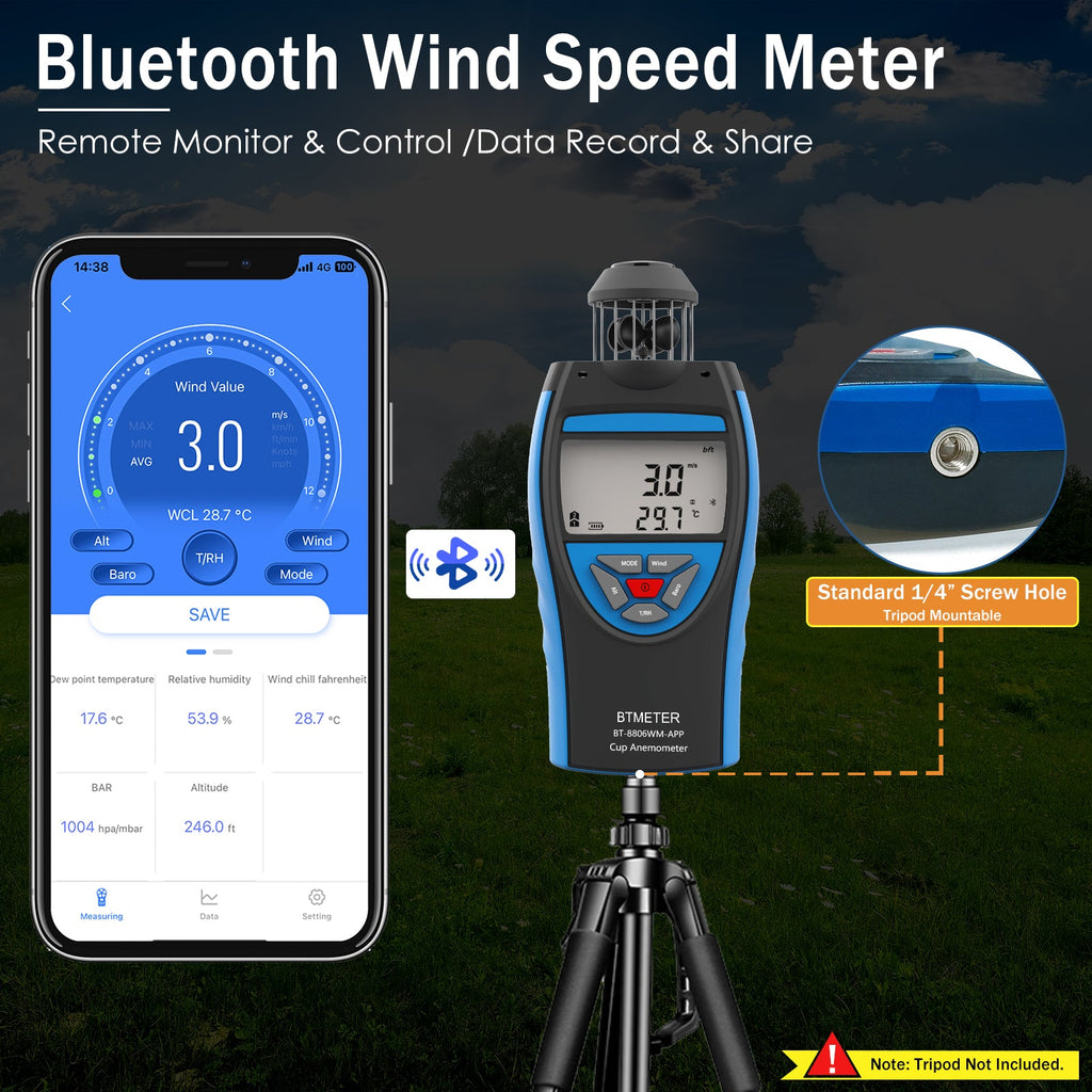 BTMETER BT - 8806WM - APP Cup Anemometer Handheld Air Flow Meter, Wind Speed Data Logger w/Barometer Measure Wind Velocity/Temperature/Altitude/Humidity for HVAC Air Ventilation - btmeter - store