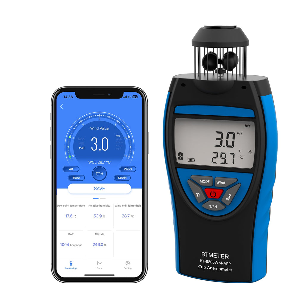 BTMETER BT - 8806WM - APP Cup Anemometer Handheld Air Flow Meter, Wind Speed Data Logger w/Barometer Measure Wind Velocity/Temperature/Altitude/Humidity for HVAC Air Ventilation - btmeter - store