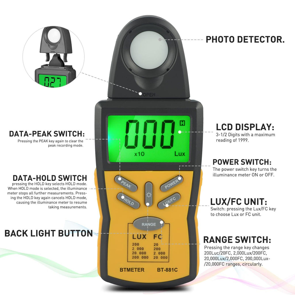 BTMETER BT - 881C Digital Light Meter Lux Meter Lux/FC Unit Data Hold LCD Display - btmeter - store