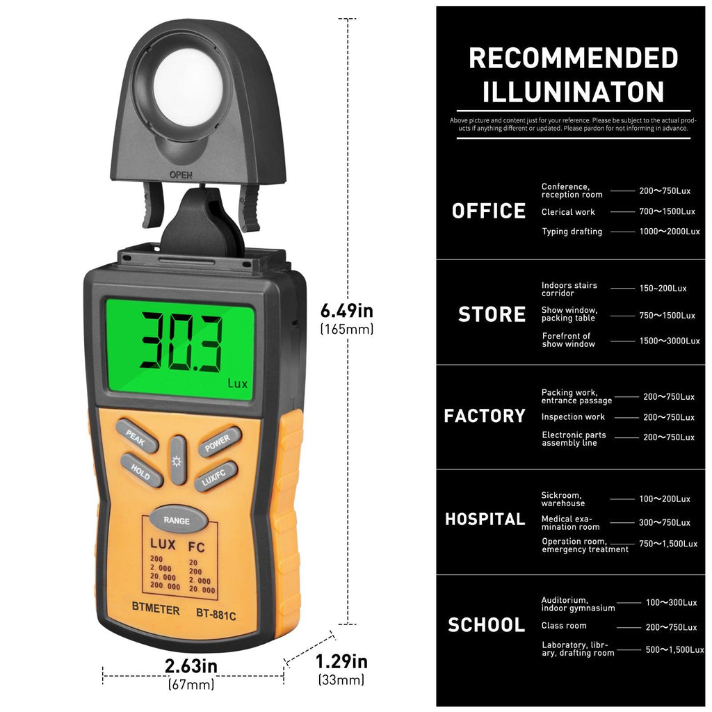 BTMETER BT - 881C Digital Light Meter Lux Meter Lux/FC Unit Data Hold LCD Display - btmeter - store