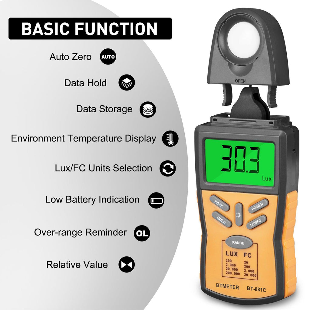 BTMETER BT - 881C Digital Light Meter Lux Meter Lux/FC Unit Data Hold LCD Display - btmeter - store