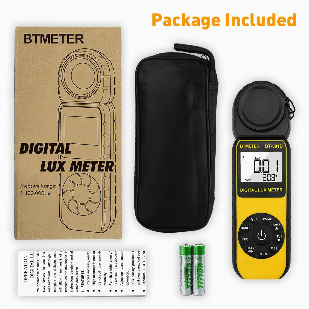 BTMETER BT - 881D LUX Meter 0.1LUX - 400000LUX Range Light Meter, Digital LUX Meter - btmeter - store