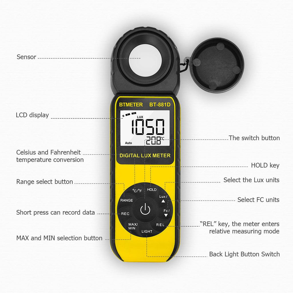 BTMETER BT - 881D LUX Meter 0.1LUX - 400000LUX Range Light Meter, Digital LUX Meter - btmeter - store