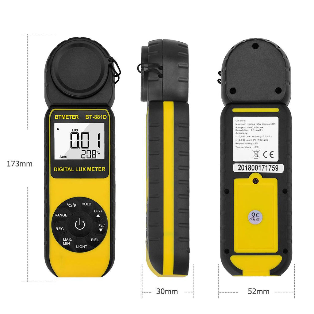 BTMETER BT - 881D LUX Meter 0.1LUX - 400000LUX Range Light Meter, Digital LUX Meter - btmeter - store