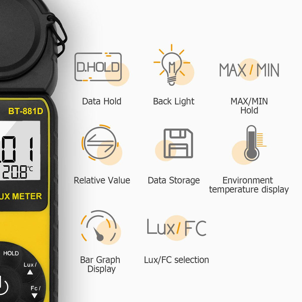 BTMETER BT - 881D LUX Meter 0.1LUX - 400000LUX Range Light Meter, Digital LUX Meter - btmeter - store